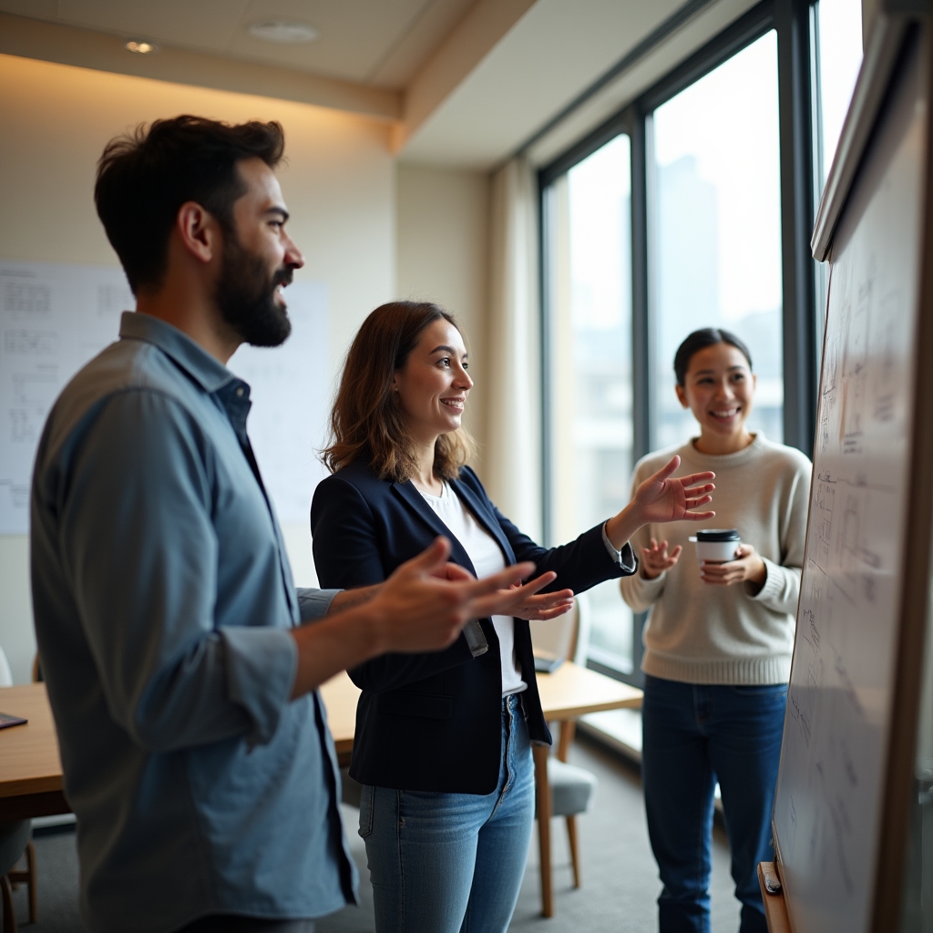 Účastníci workshopu diskutují u flipchartu s poznámkami o fázích vztahu
